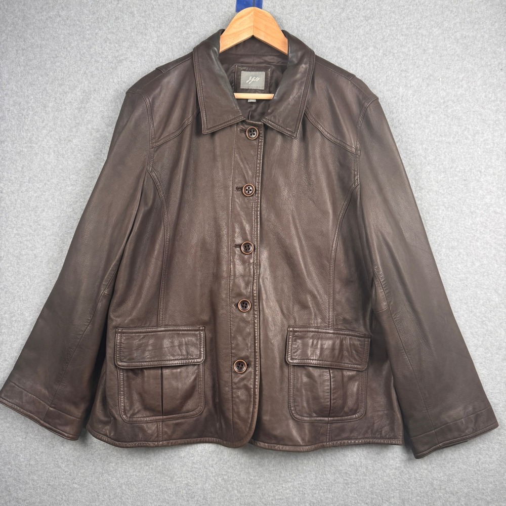 J Jill Jacket Womens XL Brown Button Up 100% Leather Coat Classic Quiet Luxury